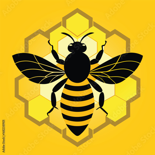Bee silhouette hovering over honeycomb design