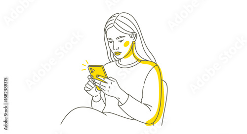 Young Woman Focused on Smartphone, Line Art Illustration.