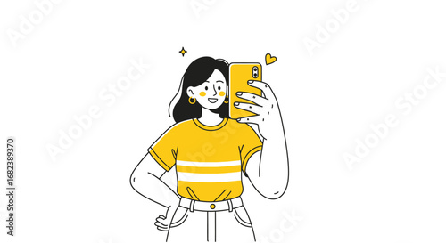 Young Woman Taking a Selfie with Yellow Smartphone.
