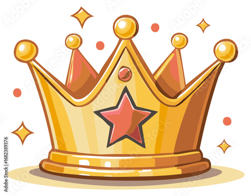 Cartoon Illustration of a Golden Crown with Star Emblem and Sparkles