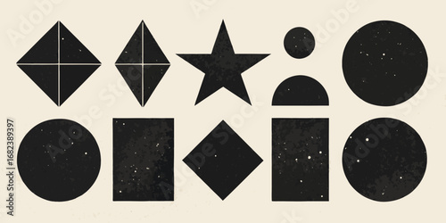 Collection of black geometric shapes with textured grunge overlay