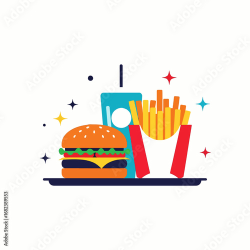 Burger and fries combo on tray  Minimal Flat Vector Illustration for restaurant, menu, food delivery, templates, and brandless design