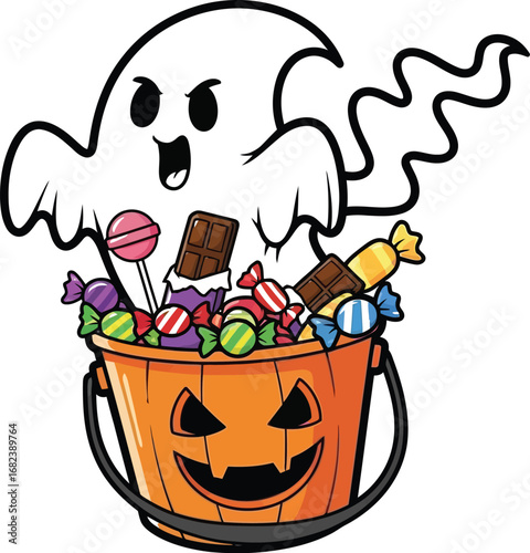 Spooky ghost with halloween candy bucket for trick or treat celebration fun