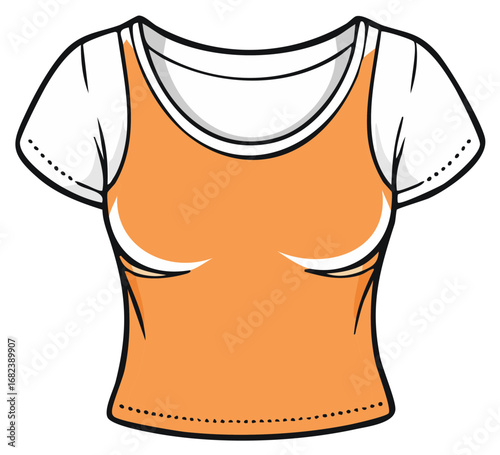 Stylized illustration of a layered orange tank top over a white short sleeve t shirt.