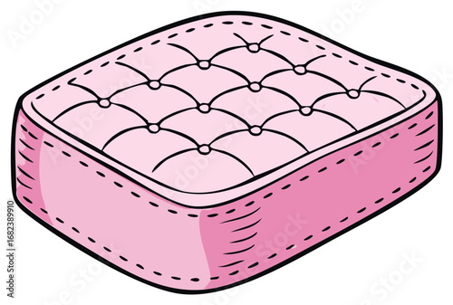 Soft pink tufted mattress cushion with buttons and stitches in cartoon style