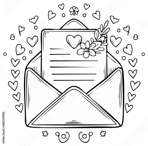 Hand drawn open envelope with a love letter flowers and hearts