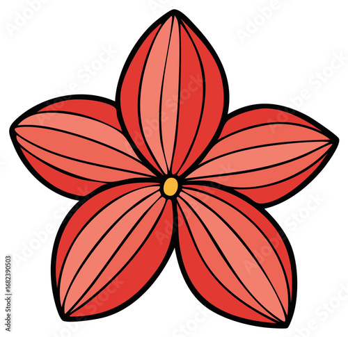 Simple red five petal flower with bold outlines and striped details