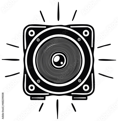 Abstract audio speaker emitting sound waves in a simple bold black and white design