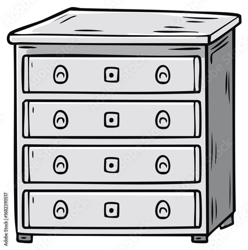 Drawing of a simple grey dresser with four drawers and distinctive handles