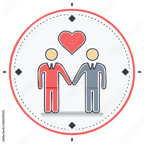 Flat vector icon of a gay male couple holding hands with a heart symbol for love and same-sex partnership.