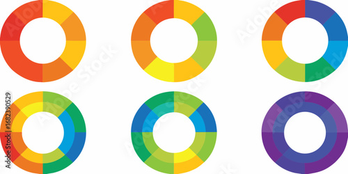 Six colorful circular diagrams with segmented rings and a white background