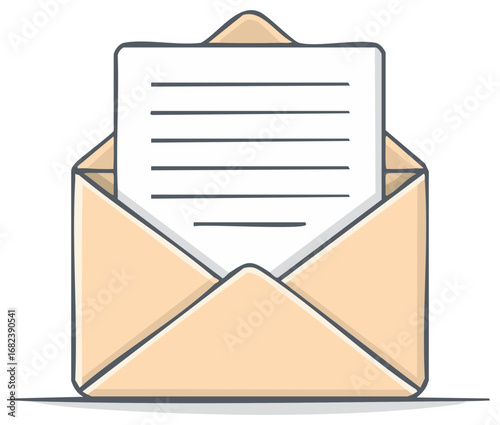 Open Envelope with Sheet of Paper Featuring Lines of Text Illustration