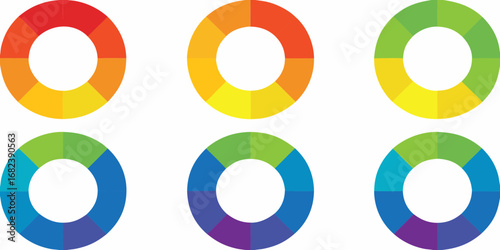 Six colorful circular color wheels with segmented sections showing color gradients and harmonies