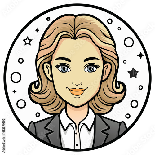Cartoon style portrait of a blonde business woman in a circle with stars and bubbles vector illustration for professional social media