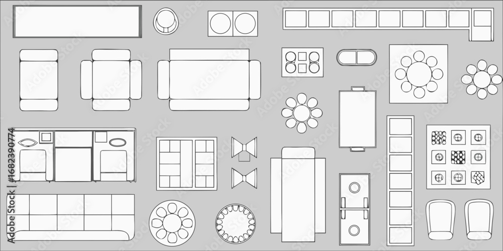 Fototapeta premium Top down view collection of furniture and seating arrangements for interior design layouts