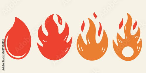 Four stylized flames in red and orange hues progressing from a solid shape to a more complex fiery form