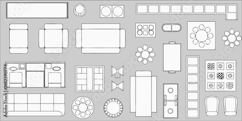 Top down view collection of furniture and seating arrangements for interior design layouts