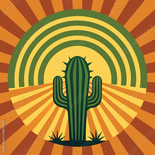 Cactus silhouette with concentric sunburst arcs