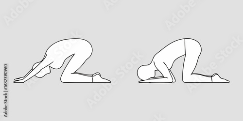 Two simple line drawings of a person performing yoga poses on a grey background
