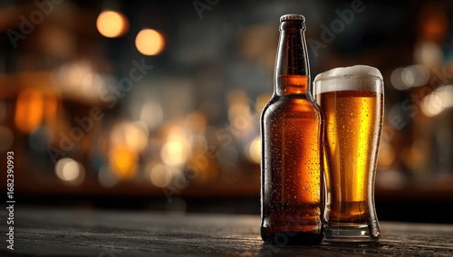 Wallpaper Mural Amber beer bottle and glass on a rustic bar Torontodigital.ca