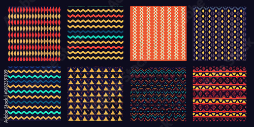 Collection of eight vibrant and colorful abstract geometric seamless patterns with a tribal ethnic feel