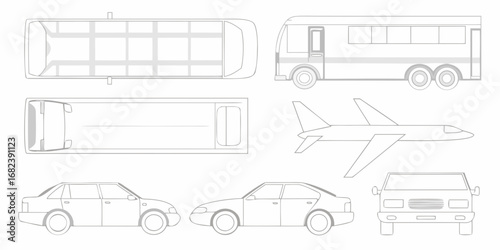 Collection of vehicle outlines including a bus airplane and cars shown from multiple angles