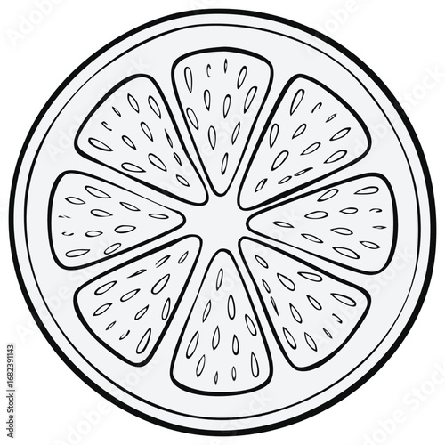 Black and white outline of a citrus fruit slice with segmented pulp and seeds
