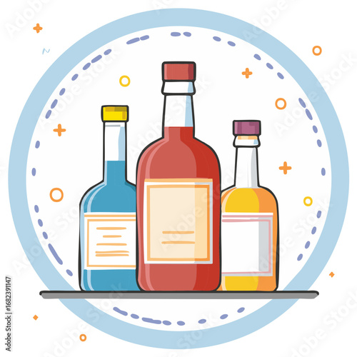 Three colorful bottles of spirits or liqueurs standing on a shelf with decorative elements