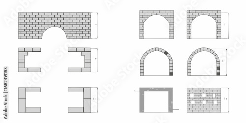 Architectural drawings and diagrams of various brick arch and wall constructions with dimensions