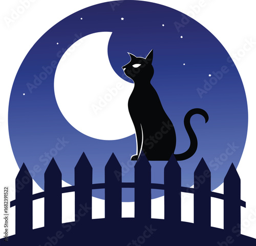 Cat silhouette on crooked fence under moonlight