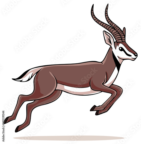 Antelope in mid-leap with curved horns and brown coat, depicted in cartoon style