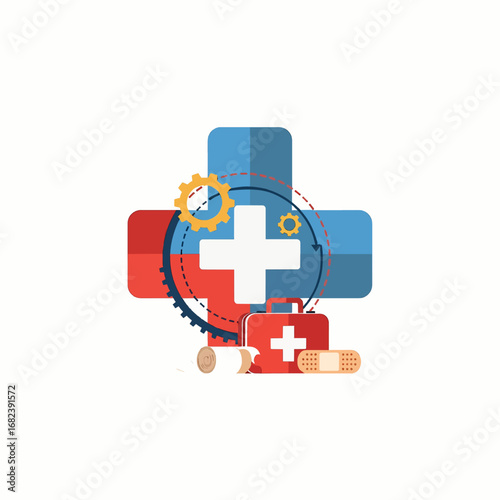 First aid cross with kit and bandage  Minimal Flat Vector Illustration for safety, first aid, emergency, templates, and brandless design