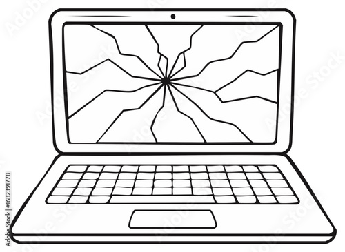 Broken Screen Laptop Line Art, Damaged Notebook Illustration, Cracked Display