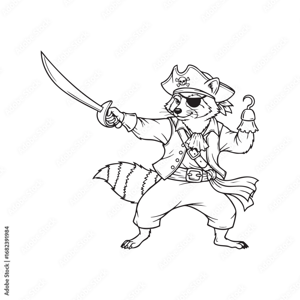 Fototapeta premium Vector art of a cartoon raccoon dressed as a pirate with a sword and hook,ready for a sea adventure and a hunt for hidden treasure