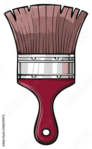 Illustration of a maroon handled paintbrush with brown bristles and silver ferrule