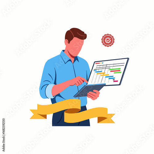 Project manager checking gantt chart on tablet  Minimal Flat Vector Illustration for business, teamwork, project management, templates, and brandless design