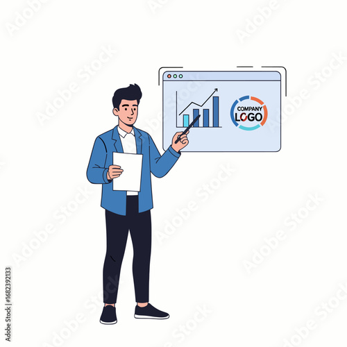 Startup founder presenting pitch deck  Minimal Flat Vector Illustration for business, teamwork, project management, templates, and brandless design