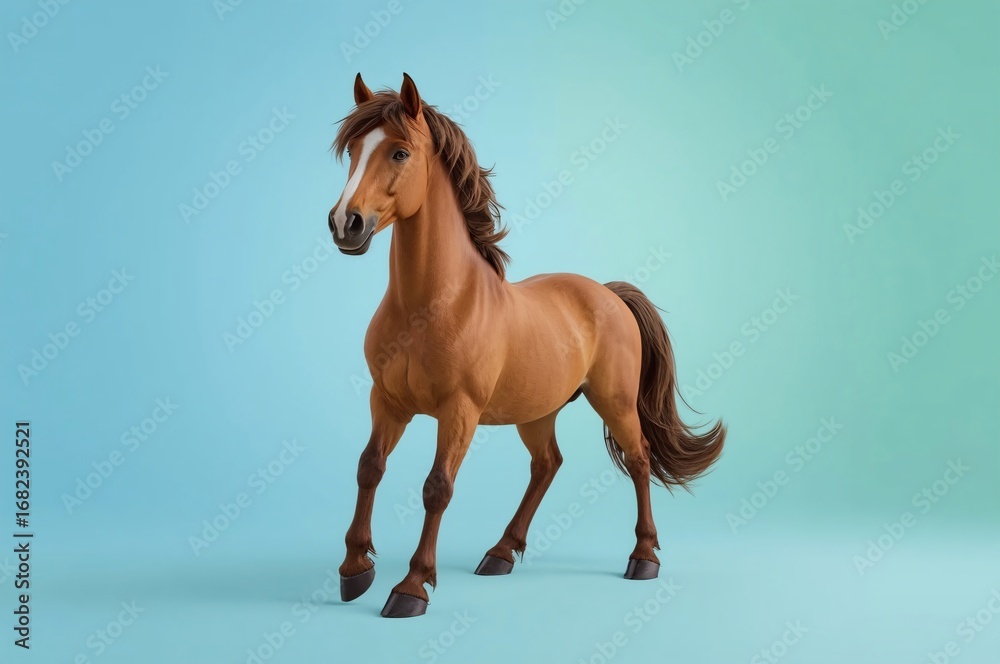 Obraz premium Chestnut horse posing, studio, blue background, advertising