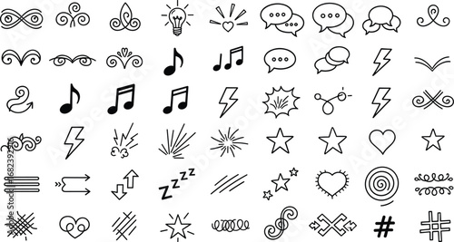 Beautiful Hand-drawn comic doodle icons set vector, speech bubbles, music notes, lightning, hearts, stars, sketchy symbols for design and illustration