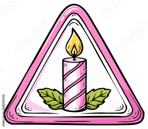 Cartoon burning striped candle with leaves in a pink triangular warning sign