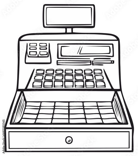 Cash Register Illustration Black and White Line Drawing Open Drawer for Store Checkout