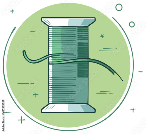 Sketch style illustration of a green spool of thread for sewing and craft projects