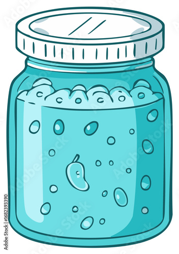 Transparent glass jar filled with sparkling light blue liquid, effervescent bubbles, and a quirky floating shape