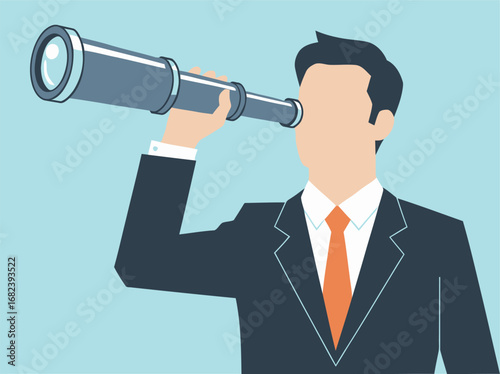 Businessman looking through a telescope representing vision, opportunity, and future success in business and career development, symbolizing foresight and strategic planning