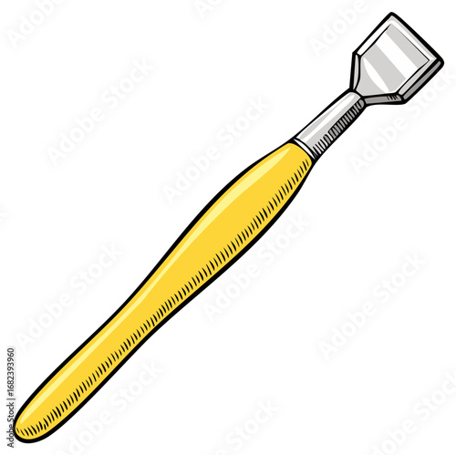 Handheld engraving tool with a yellow handle and sharp metal blade