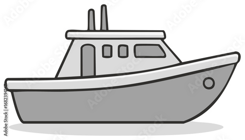 Simple grayscale cartoon illustration of a motorboat or fishing vessel