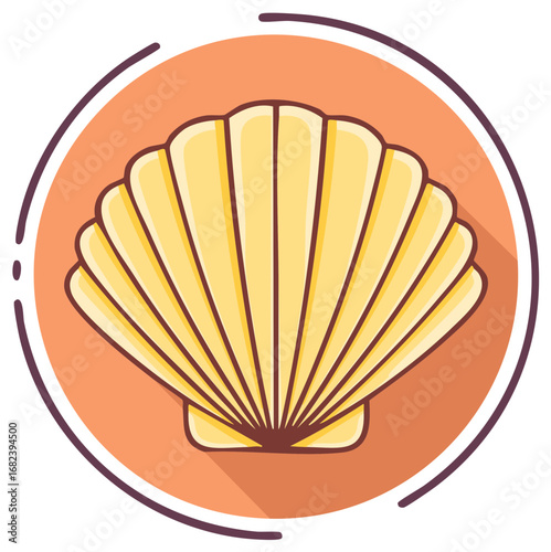 Stylized yellow scallop shell icon with shadow on orange background
