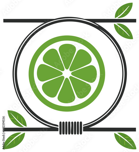 Abstract lime slice logo with leaves and branches in a circular frame vector emblem