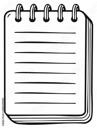 Black and white illustration of a notepad with lined pages and metal rings.