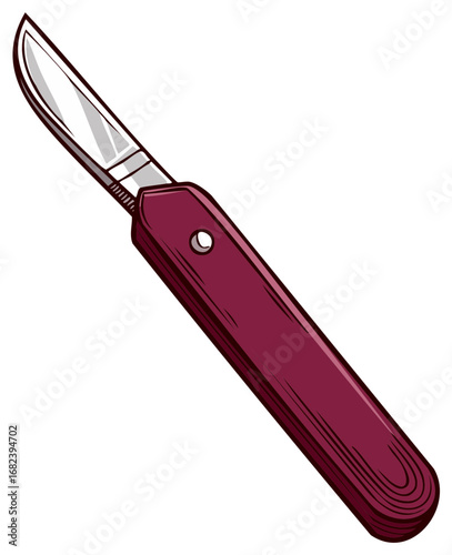 Surgical scalpel with a sharp steel blade and maroon handle cartoon style vector illustration